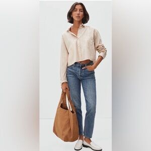 Everlane Way Short Shirt Cropped Tan Striped Button Down size S